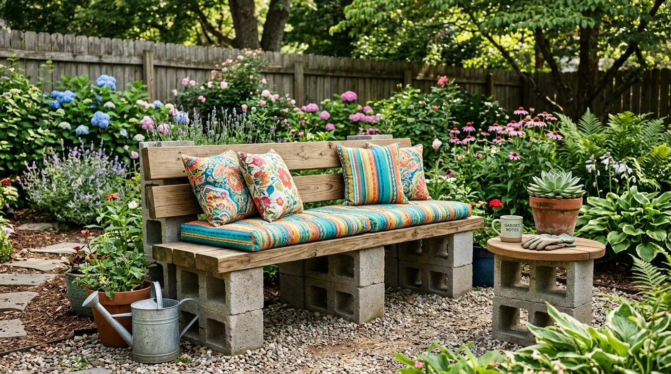Outdoor Cinder Block Bench With Cushions